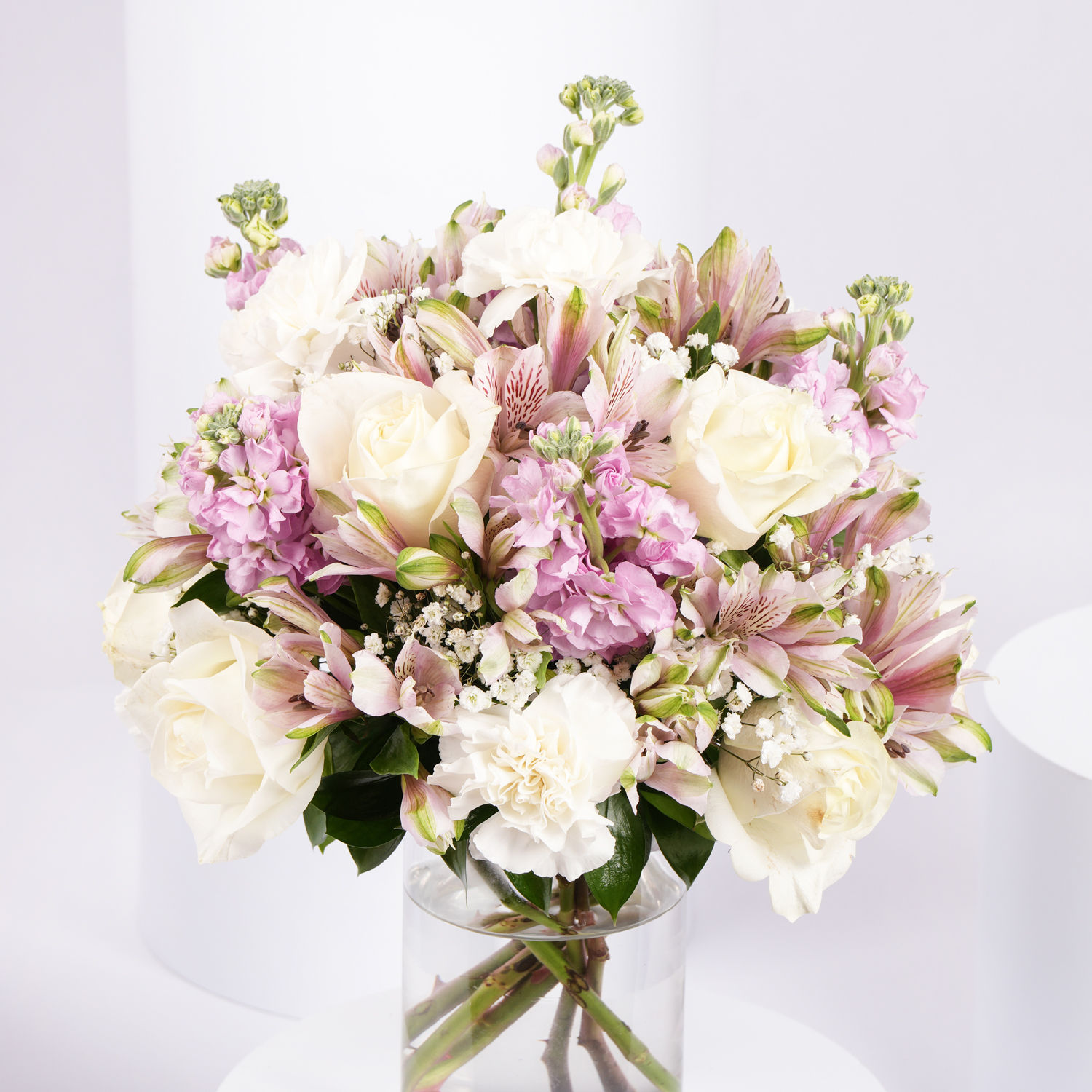 Online White and Pink Floral Bunch In Glass Vase Gift Delivery in UAE - FNP